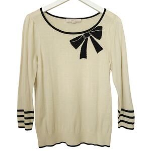 LOFT Ivory Knit Sweater M Black Bow Detail 3/4 Sleeve Wool Blend Coquette Soft
